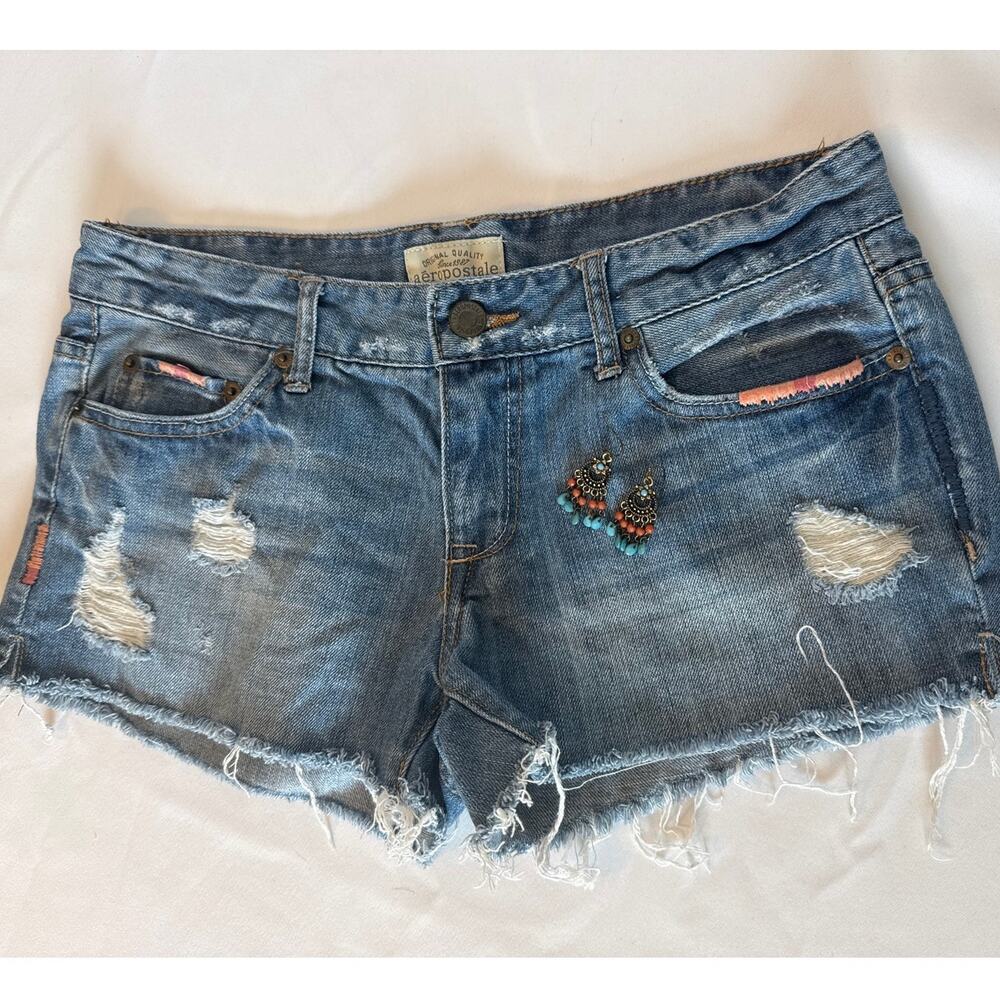 Aéropostale Y2K Low Rise Distressed Denim Shorts Size 5/6 Embroidered Festival